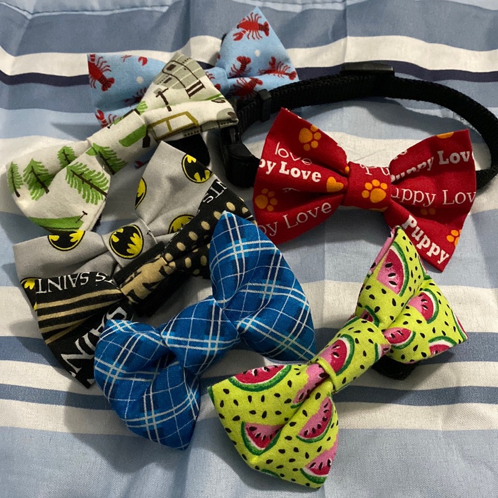 7 Adorable Assorted Dog Bow Ties! Handmade with Velcro Over the Collar Straps